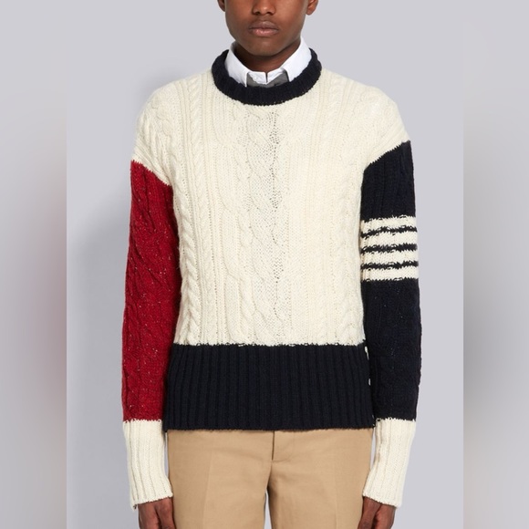 THOM BROWNE | Color Block Cable Knit Sweater - Picture 1 of 10